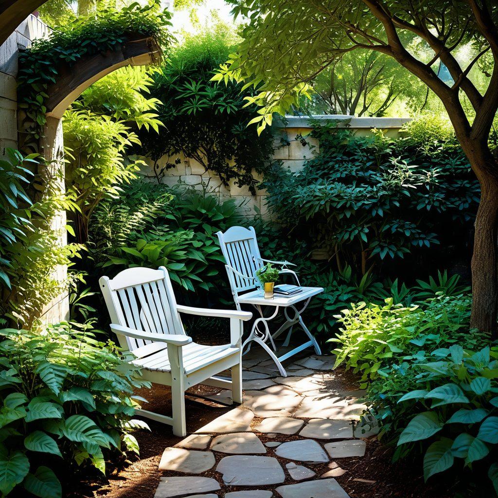 A serene, secluded garden featuring lush greenery and vibrant flowers, with a small stone pathway leading to a cozy nook with a plush chair and a book. Soft sunlight filters through the trees, creating a peaceful ambiance, while a gentle breeze rustles the leaves. Subtle hints of technology like a hidden camera and a lockbox can be included, emphasizing security and confidentiality. The overall atmosphere conveys tranquility and privacy. super-realistic. vibrant colors. tranquil setting.