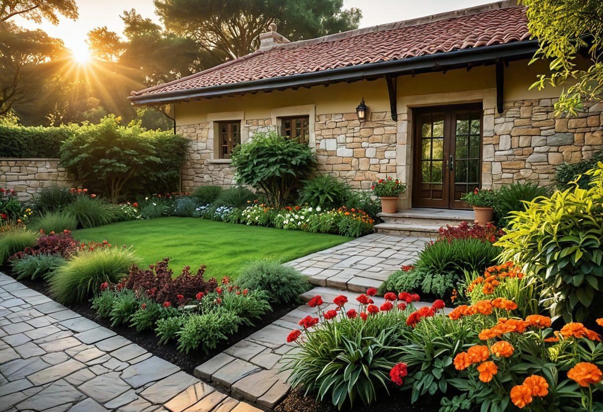 A serene home nestled amidst a lush green landscape, featuring high stone walls, beautiful gardens, and a welcoming entrance. The scene includes a warm sunset in the background, evoking a sense of safety and tranquility. People engaging in peaceful activities such as gardening and reading, symbolizing a protected lifestyle. super-realistic. vibrant colors. warm tones.