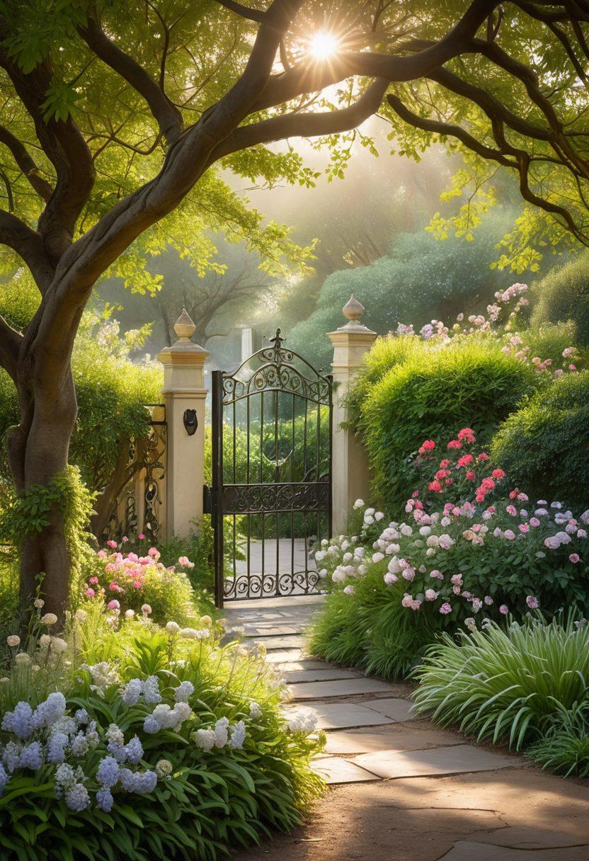 A serene, hidden garden shrouded in mist, featuring a mysterious antique gate partially open, allowing glimpses of lush greenery and blooming flowers. An elegant wrought-iron bench sits under a flowering tree, inviting contemplation. Soft, dappled sunlight filters through the leaves, creating an ethereal ambiance. The scene captures tranquility and exclusivity, with a hint of intrigue. painting. soft colors. tranquil atmosphere.